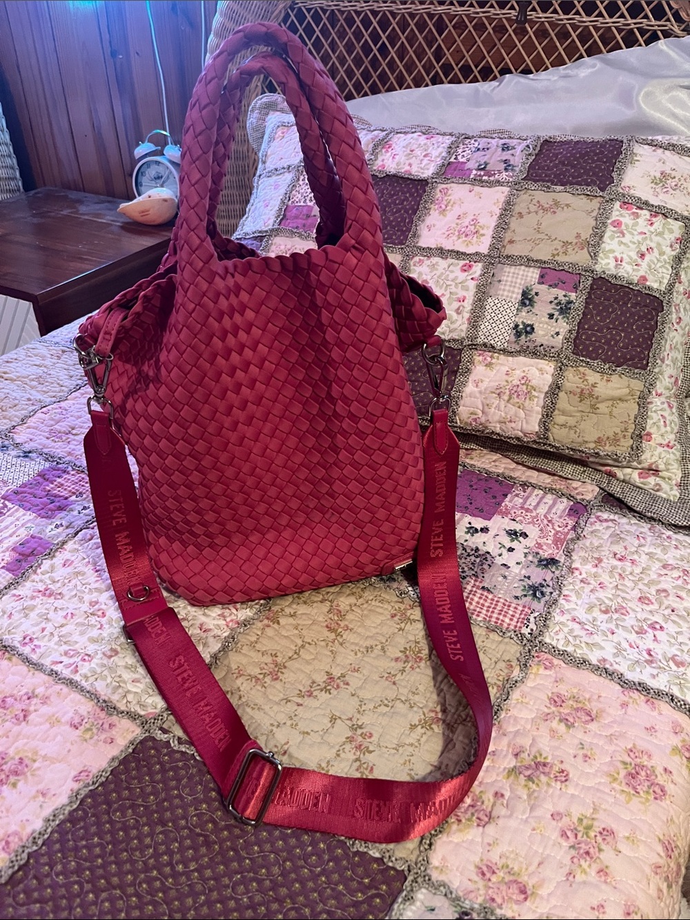 Steve Madden Woven Crimson Shoulder Tote with Logo Strap